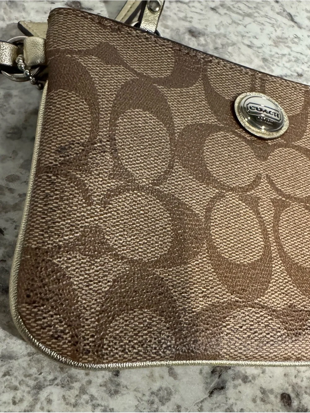Coach Peyton Signature Small Wristlet Brown Gold Monogram